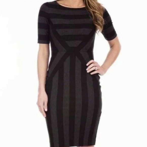 Anthropologie Maeve Geoplane Black Gray Diagonal Stripe Ponte Sheath Dress Sz 6 - Picture 3 of 11